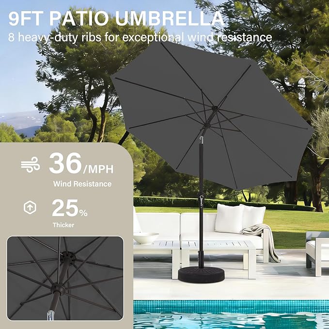 MEWAY 9ft Patio Umbrella Outdoor Table Umbrellas with Push Button Tilt and Crank, Market Umbrella 8 Sturdy Ribs for Deck, Garden, Pool and Backyard, Gray