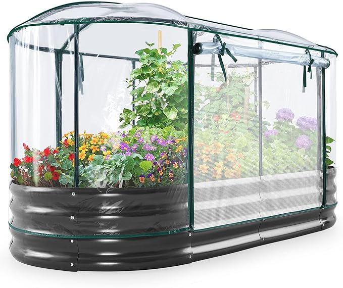 KING BIRD Raised Garden Bed with Cover Galvanized Oval Planter Garden Box Outdoor for Gardening, Vegetables, Flowers, Clear