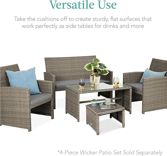 Best Choice Products Set of 2 Wicker Ottomans, Multipurpose Outdoor Furniture for Patio, Backyard, Additional Seating, Footrest, Side Table w/Removable Cushions, Steel Frame - Cement Gray/Taupe