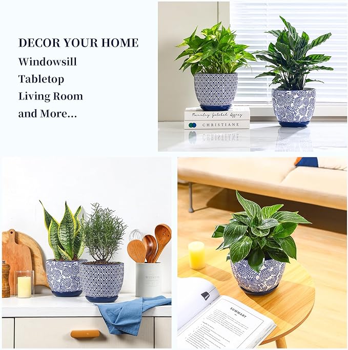 Selamica Ceramica Plant Pots, 6.5 Inch Flower Pots Set of 2 with Drainage Holes & Saucer, Planters for Indoor Plants, Home Decor, Vintage Blue