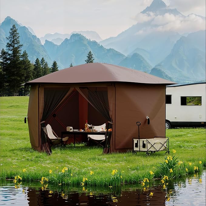 11.5x11.5FT 6-Sided Pop Up Gazebo Tent，One-Push Setup Canopy Tent with Mesh Panels & Removable Wind Cloths, Outdoor shelter for Camping, Backyard Parties, Outdoor Events - Beige & Khaki
