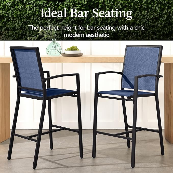 Best Choice Products Outdoor Bar Stools Set of 2, Bar Height, Patio Furniture, All Weather Mesh Design w/Armrest - Black/Navy