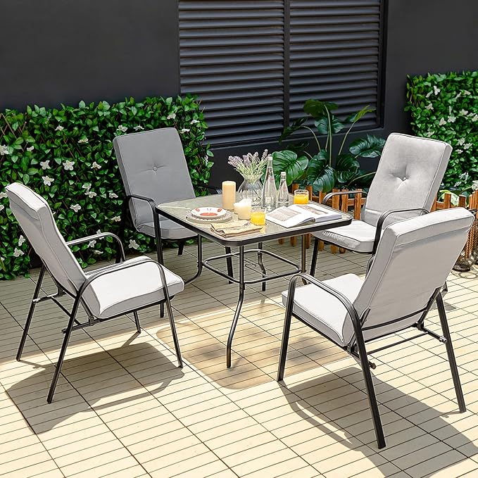 Tangkula 35" Patio Dining Table for 4, Square Outdoor Dining Table with Tempered Glass Tabletop, 1.65" Umbrella Hole & Metal Frame, 4-Person Outside Dining Table for Backyard, Lawn, Deck & Poolside