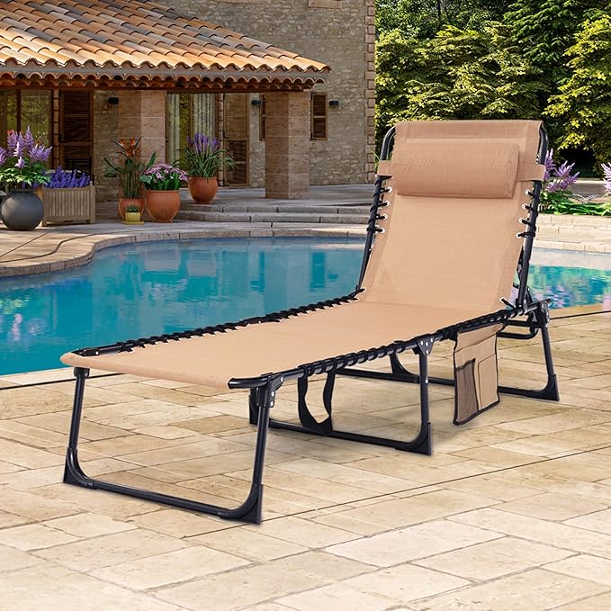 Folding Chaise Lounge Chair - 400lb Capacity, 5-Position Adjustable Recliner with Pillow | Portable for Patio, Pool, Camping & Sunbathing (Beige)