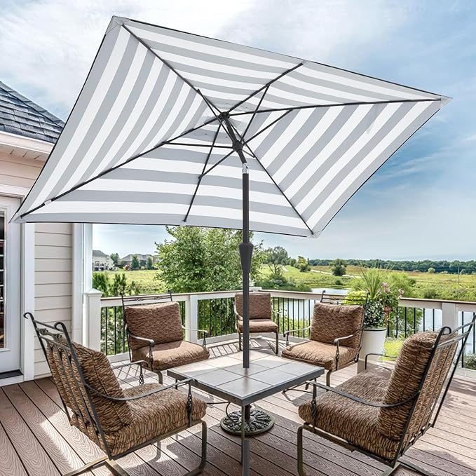 JEAREY 6.5x10 ft Rectangular Patio Umbrellas Rectangle Outdoor Umbrella with Push Button Tilt and Crank, Market Table Umbrella 6 Sturdy Ribs UV Protection for Poolside Garden Backyard Deck, Black-White Stripe