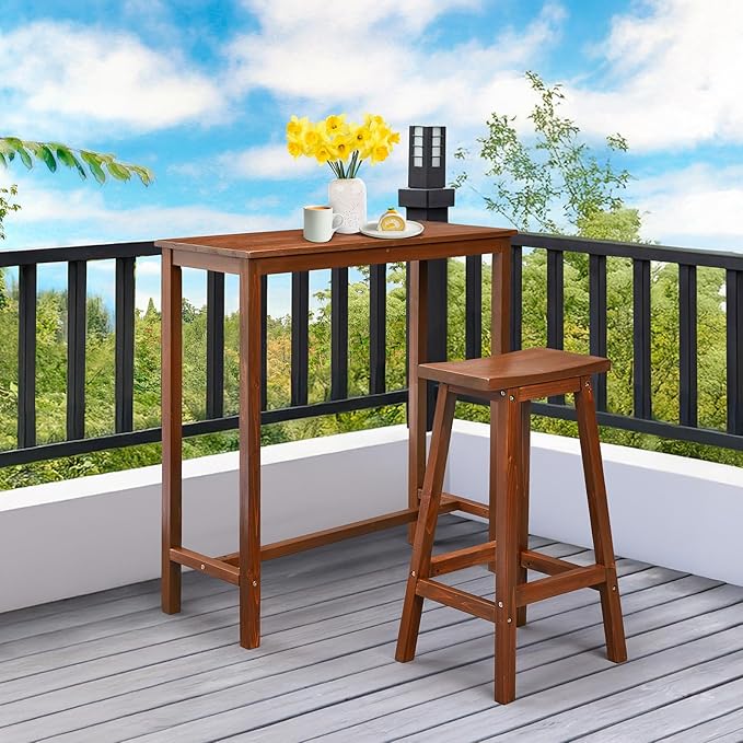 VINGLI Wooden Outdoor Bar Table, Wood Patio Counter Height Table, Weather-Resistant Patio Pub Table for Garden, Balcony, Poolside, Backyard, Indoor Use (Brown, 39")