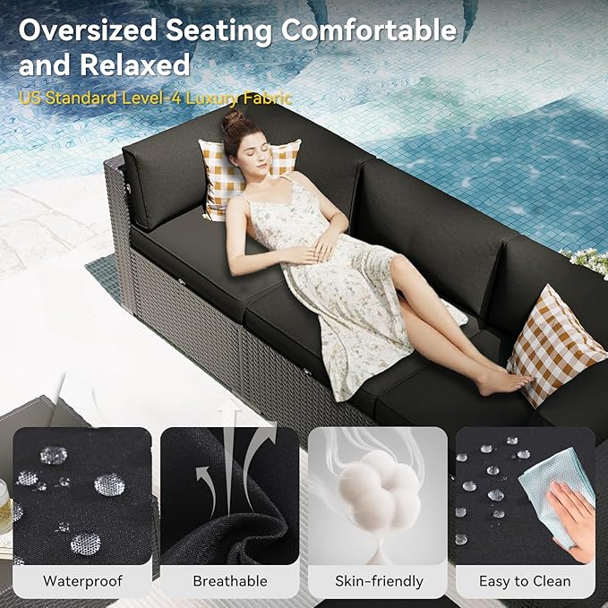 Aoxun Patio Furniture Set, 7 Piece Outdoor Sectional Sofas with Waterproof Cover, Wicker Rattan Outdoor Furniture Patio Conversation Set for Backyard, Garden Black