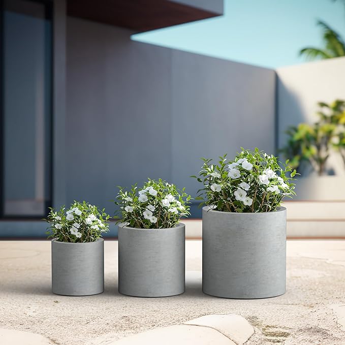 Kante 9.8",12.6",15.7" Dia Round Concrete Planter Set of 3, Modern Style Large Cylindrical Plant Pot with Drainage Hole and Rubber Plug for Indoor Outdoor Patio, Natural Concrete