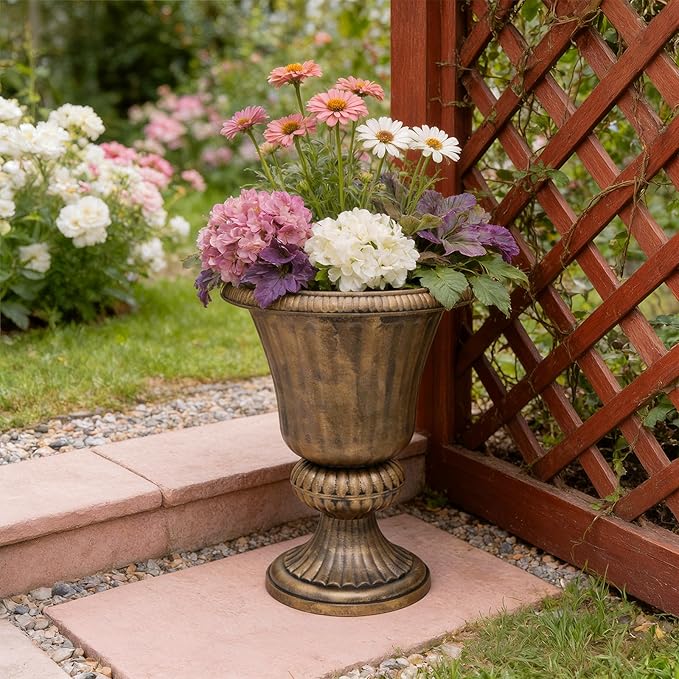 Athena Collection 20''H Bronze Garden Plastic Urn - Vintage Tall Large Planter for Indoor Outdoor Patio Porch, 2 Pieces Flower Pot, Bronze