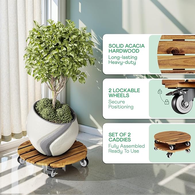Idzo 2-Pack 14 Inch Acacia Wood Rolling Round Plant Caddy, Plant Caster for Heavy Duty Plant Stand with 360° Lockable Wheels, 264 lbs Capacity Caddy for Indoor and Outdoor Use, Natural Wood