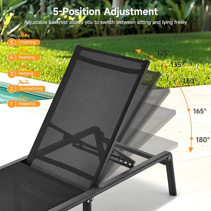 ONBRILL Aluminum Chaise Lounge Chair Outdoor, Foldable & Assembly Free Outdoor Lounge Chair with 5 Position Adjustable Backrest, Patio Pool Lounge Chairs for Outside Poolside Beach Lawn, 1PC, Black