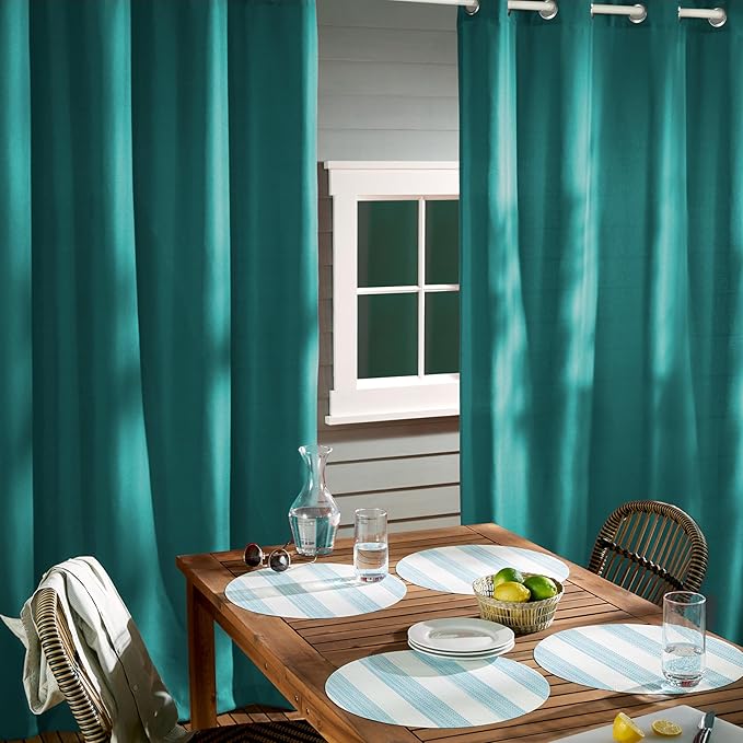 TOWN & COUNTRY BASICS Cabana Solid Heavyweight Indoor Outdoor Curtains, Light Filtering Opacity with Grommet Top, Water Repellent, 2-Pack Set, 54"x96", Dark Teal