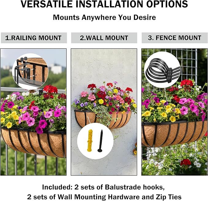 30“ Window Box Railing Planter with Coco Liner Metal Wall-Mounted Coconut Liner Planter Basket English Horse Trough Planters for Outdoor Deck Balcony Porch Fence Patio Black (4 Pack)