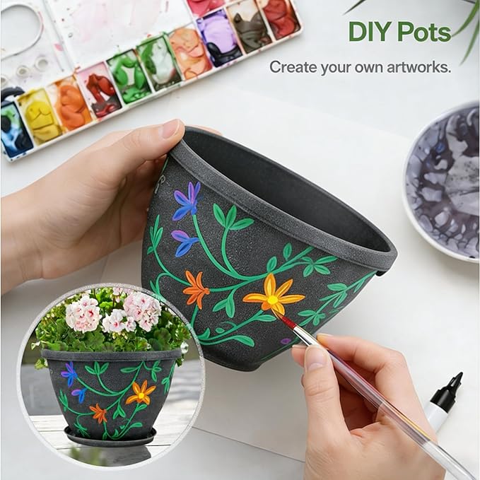 4 Pack 10 Inch Plant Pot for Outdoor Indoor, Plastic Flower Pots with Drainage Hole & Saucer, Lightweight Small Resin Flower Pot, Imitation Magnolia Planter Pots for Garden House（Gray）