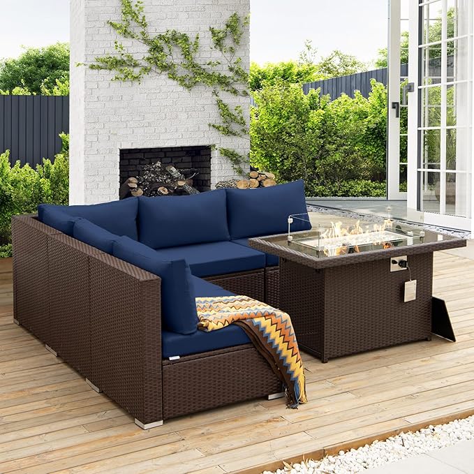 NICESOUL 6 Piece L-Shaped Outdoor Couch with Fireplace Natural Gas/Propane, 29.3'' High Back Wide Seat Patio Conversations for Outside, Oversized Comfy Sectional Furniture Set, Brown/Blue