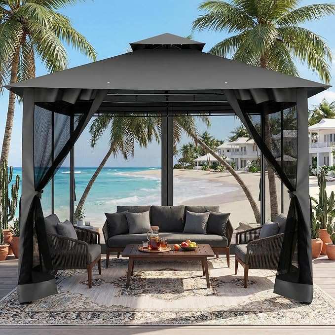 COBIZI Gazebo 10x10 Heavy Duty Gazebos with Improved Nettings Outdoor Gazebo Double Roof Patio Gazebos with Metal Steel Frame Outdoor Canopy for Patio, Deck, Backyard (Black)
