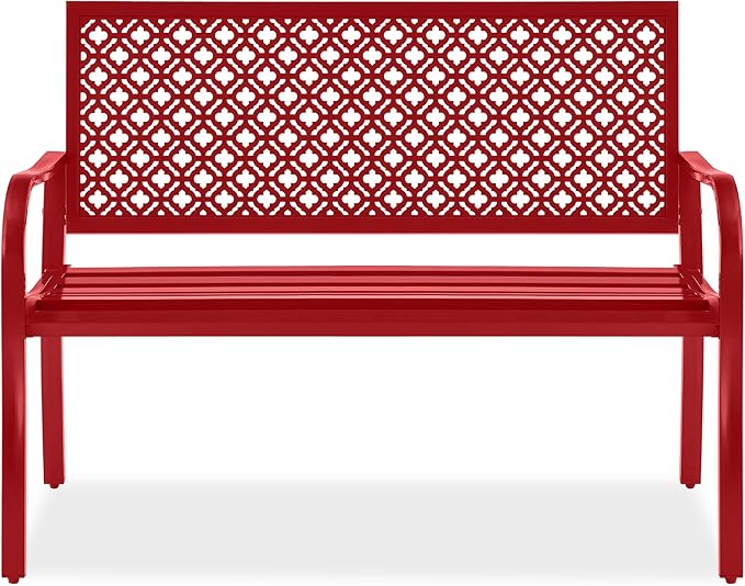 Best Choice Products Outdoor Bench 2-Person Metal Steel Benches Furniture for Garden, Patio, Porch, Entryway w/Geometric Backrest, 790lb Capacity - Rose Red