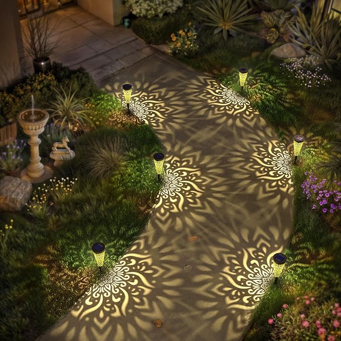 6 Pack Solar Lights Outdoor Garden Decorative Mandala Solar Garden Lights with Warm Light Waterproof Solar Pathway Landscape Lights for Path Patio Backyard Walkway Yard Lawn Decor (Black)