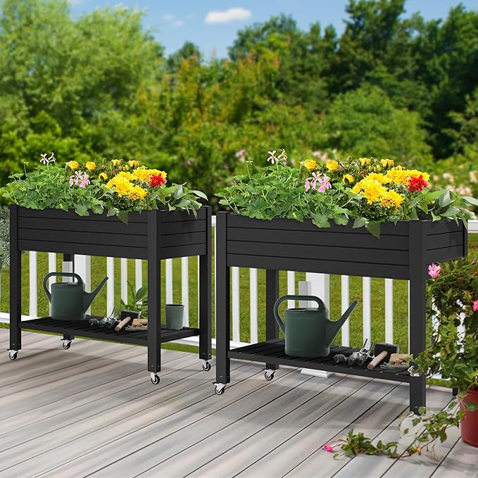 YITAHOME 43.3x17.7x34 in Elevated Garden Bed 2pcs, Outdoor Plastic Planter Box with Wheels, Legs, Drain Plug, and Storage Shelf for Plants, Vegetables, Flowers, Herbs, Black