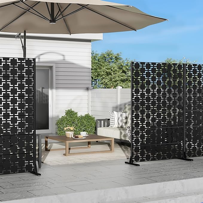 Casaphoria Metal Privacy Screen Outdoor, 72" H x 47" W Freestanding Decorative Privacy Screen for Patio Deck Balcony Garden with Stable Base, Black-Square