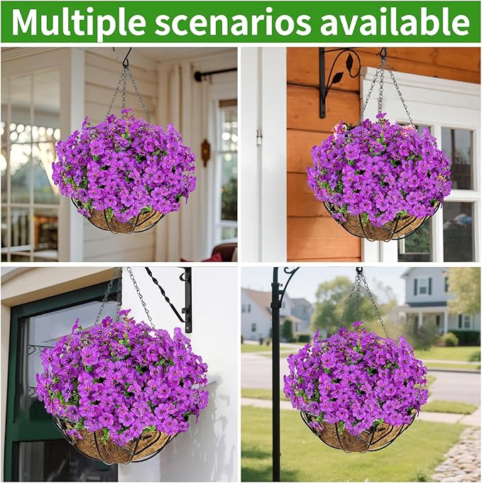 Artificial Hanging Flower for Outdoors, Fake Hanging Basket for Outside,1 Hanging Basket with 13 Pcs Faux Silk Flowers for Porch, Balcony and Patio Decor(Purple)