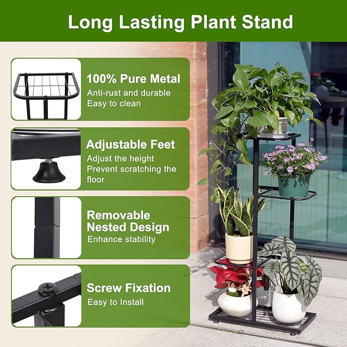 Plant Stand Indoor Outdoor, Corner Metal Plant Stands, Heavy Duty Tall Planter Shelf for Multiple Plants, Flower Pot Holder for Patio Garden Balcony Living Room (Black, 4 Tier-5 Potted)