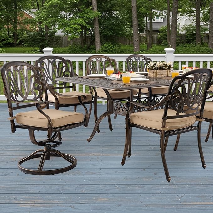 9-Piece Cast Aluminum Patio Furniture, Outdoor Dining Sets for 8 Include 87" Rectangular Patio Dining Table, 6 Stackable Chairs & 2 Swivel Chairs with Cushions & Umbrella Hole(Bronze)