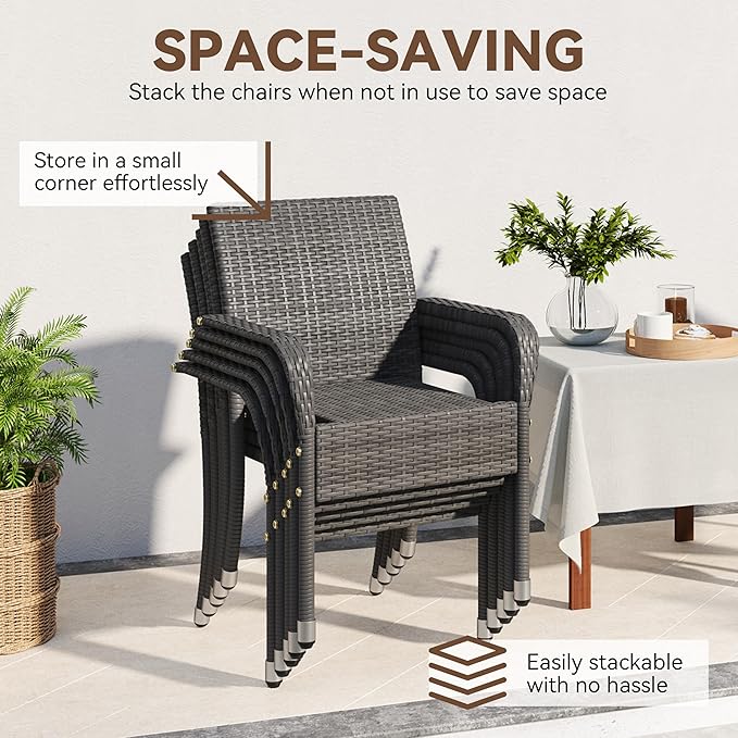 Yaheetech Set of 6 Stackable Outdoor Rattan Dining Chairs, All-Weather Armchair w/Armrests, Steel Frame for Garden, Patio, Deck, Yard, Poolside Gray