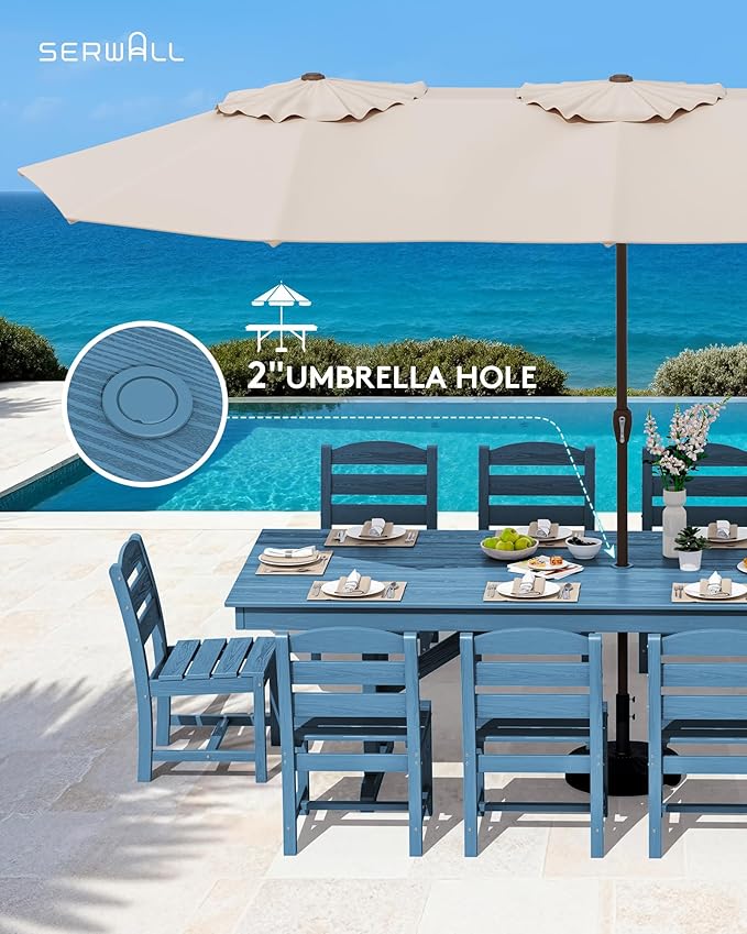 SERWALL 11 Piece Outdoor Dining Set, 84" HDPE Outdoor Table and Chairs for 10，All Weather Patio Furniture Set with Umbrella Hole for Backyard, Garden, Blue