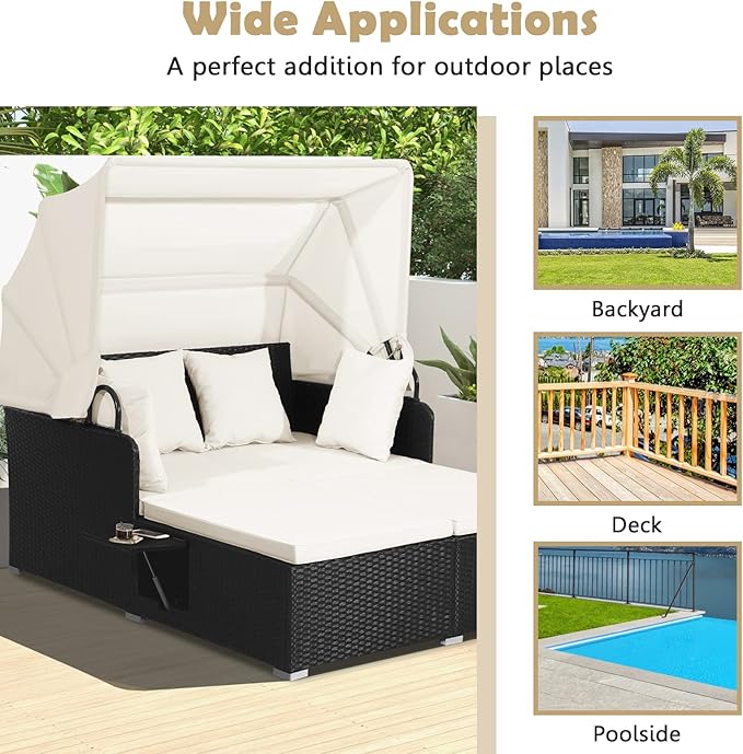 Tangkula Patio Rattan Daybed with Retractable Canopy, Outdoor Wicker Sunbed Lounger with 2 Foldable Side Tables, Thick Seat & Back Cushions, Double Daybed for Garden, Backyard, Porch (Off White)