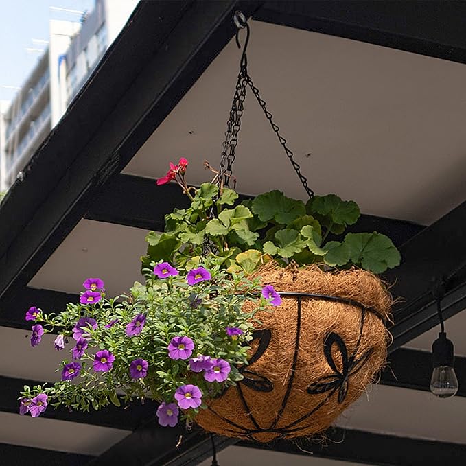 Hanging Baskets Planter for Plants, 2 Pack 14 Inch Round Metal Wire Hanging Flower Pots with Coco Coir Liner Chain, Plant Holder for Home Garden Balcony Decor
