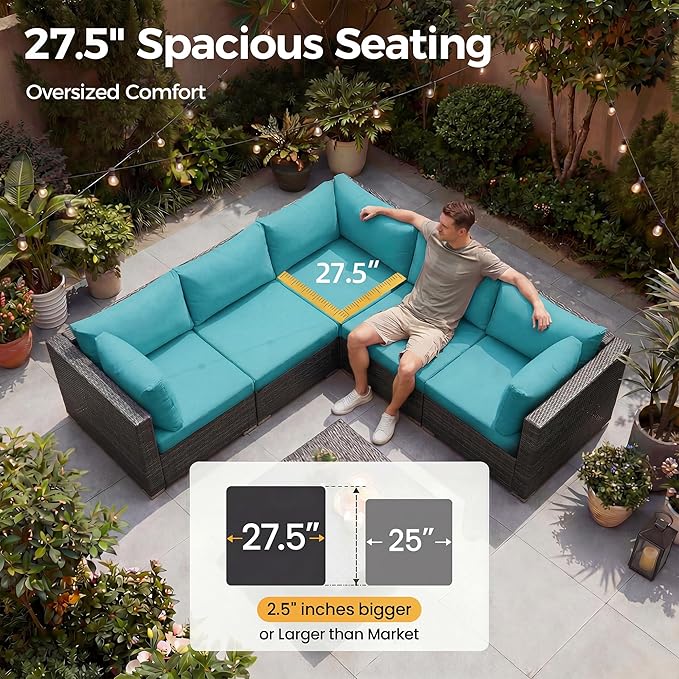 NICESOUL 13 Piece Outdoor Furniture with Fire Pit, Large Patio Couch Set with Fire Pit Table & Chaise Lounge, Modular Sectional Patio Sofa 500 lbs Heavyduty 10-Seat Group, Gray & Turquoise
