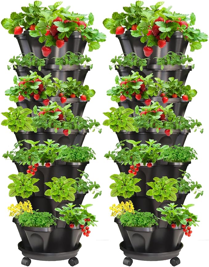 7 Tiered Strawberry Vertical Planter 2 Pack, Stackable Tower Garden Planter Herb Garden Planter with Movable Casters and Bottom Saucer Indoor and Outdoor - Black