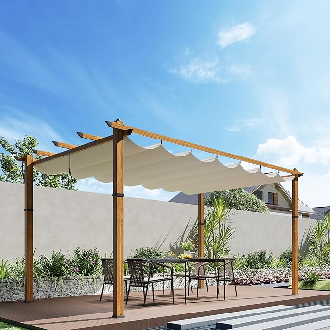 10 x 13 ft Aluminum Pergola with Adjustable Canopy, Outdoor Metal Pergola, Imitation Wood-Grain Sun Shade Shelter for Garden Patio Backyard Deck