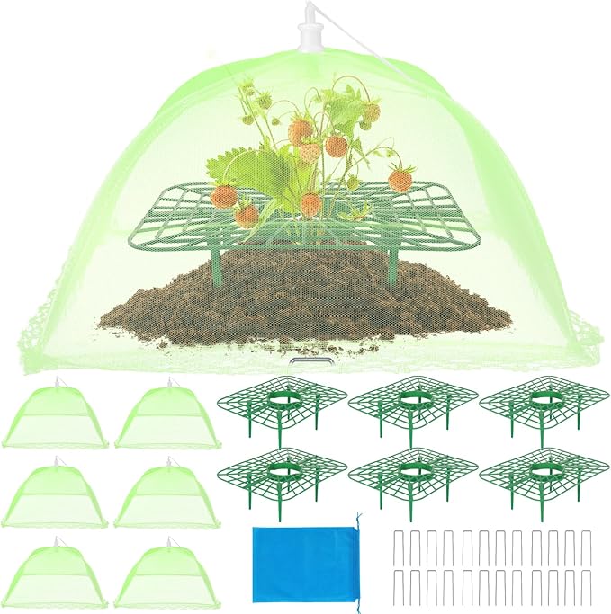6 Sets Strawberry Plant Support with Mesh Cover - Square Gardening Frame, Animal Barrier, Iron Stakes & Storage Bag for Healthy Strawberries, Tomatoes, Veggies (Green) (6 pcs)