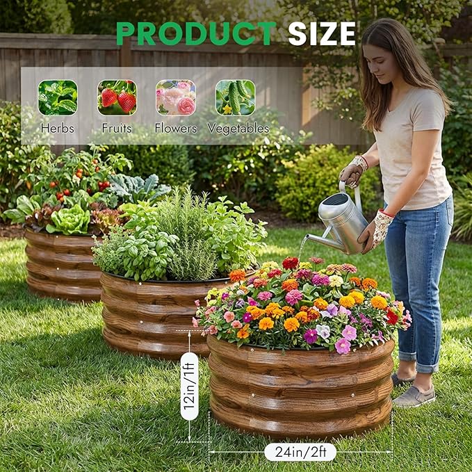 INNO STAG 3 Pcs Round Galvanized Raised Garden Bed — 2×2×1ft Planter Box Outdoor Raised Beds Kit for Gardening Vegetables, Fruits, Herbs, and Flowers, Grain