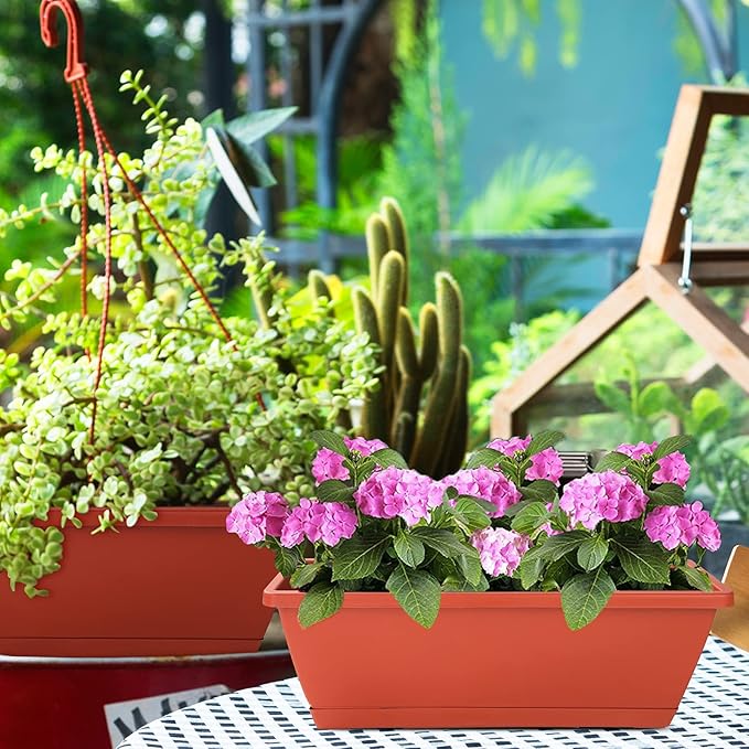 Window Box Planter, 7 Pack Plastic Vegetable Flower Planters Boxes 17 Inches Rectangular Flower Pots with Saucers for Indoor Outdoor Garden, Patio, Home Decor (Red)