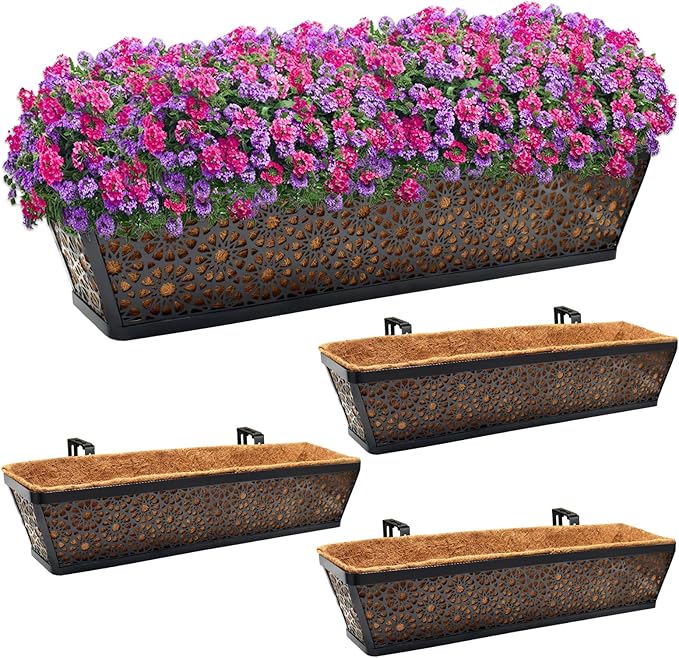 Halatool 4Pack 30 Inch Window Box with Coco Liner Sturdy Metal Railing Planter with Coconut Coir Basket Liners for Window Deck Fence Porch and Patio Outdoor Indoor Lawn