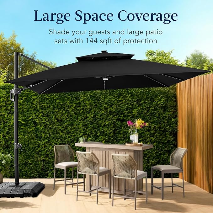 Best Choice Products 12x12ft LED Cantilever Patio Umbrella w/Base Included & 360° Rotation, Large Solar Offset Hanging Outdoor Sun Shade for Deck, Backyard Table w/Stand & Lights – Black