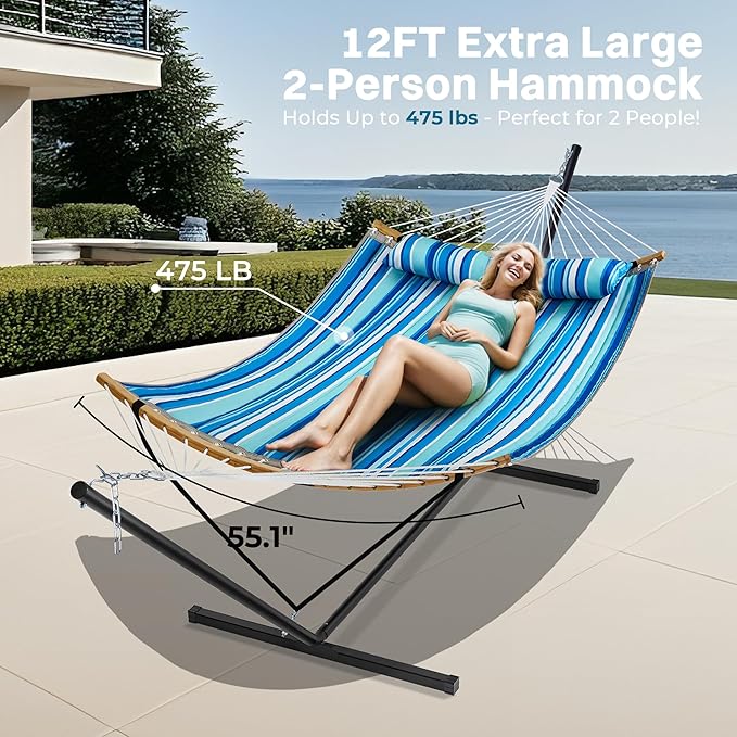 SUPERJARE Hammock with Stand, 2 Person Heavy Duty Hammock with Padded Cotton, Detachable Pillow & Strong Curved-Bar & Portable Carrying Bag, Perfect for Outdoor & Indoor, Blue Stripe