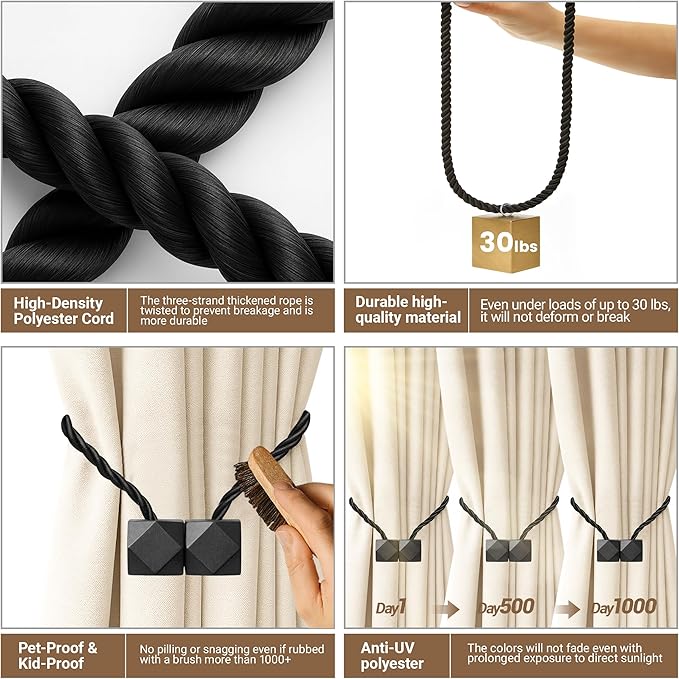 Hion Magnetic Curtain Tiebacks Black 2pcs, Curtain Tiebacks Buckles Holdbacks Holders Hooks Clip for Home Bedroom Office Decorative Curtain