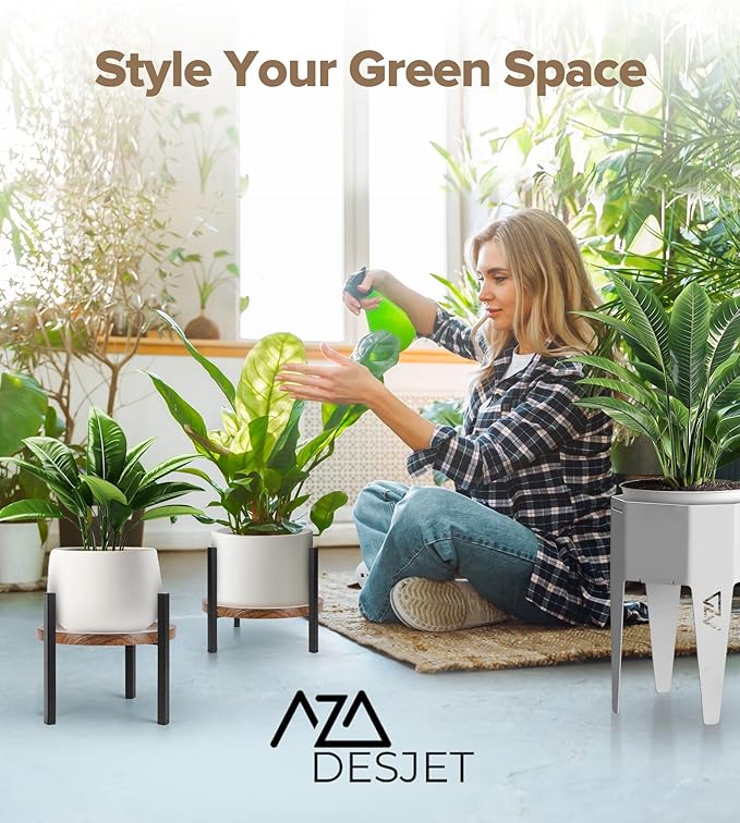 Plant Stand Indoor Adjustable with Walnut Wood Tray, Metal Modern Indoor Plant Stand, Heavy Duty Plant Stands Outdoor Corner, Stable Plant Holder, Fits 8 to 12 Inches Pots, Black, 1 Pack