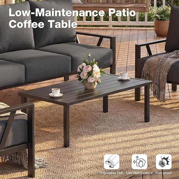 Outdoor Patio Furniture Set, 4 Pieces Metal Patio Furniture Set with Coffee Table, Modern Outdoor Patio Conversation Seating Set, Grey