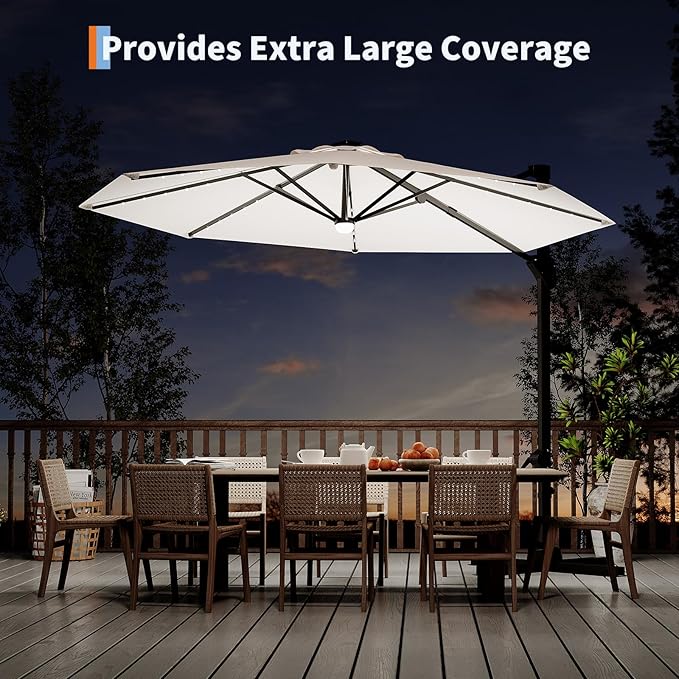 Garvee 10 ft Cantilever Patio Umbrella with Solar Lights, 360° Rotation Offset Umbrella, Easy Crank & Tilt Adjustment, UV Protection for Backyard, Poolside, Deck -Beige