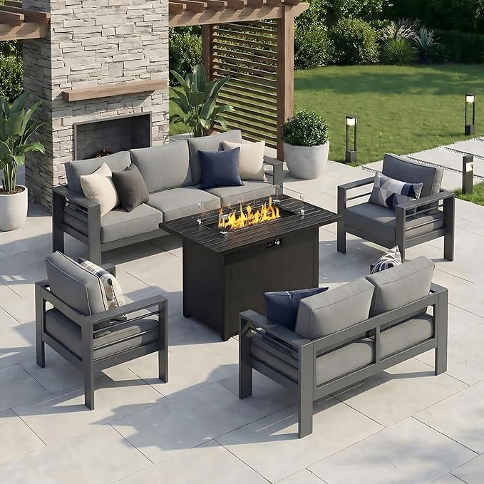 Solaste Aluminum Outdoor Patio Furniture Set with 43" Fire Pit Table, 7 Seats Patio Sectional Sofa with 5" Thick Cushion, Outdoor Patio Set for Porch, Backyard, Deck, Yard, Grey