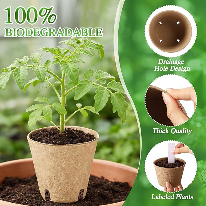 120 Pcs Round Peat Pots 2.4"+3.14"+4" Plant Starter Nursery Pot with Drainage Holes Garden Germination Seedling Pots with 120 Plant Labels for Indoor Outdoor Gardens