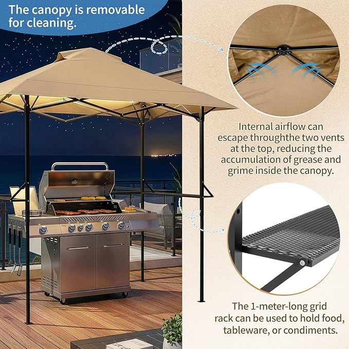 VINGLI 8x5 Pop Up Grill Gazebo BBQ Gazebo with 2 Side Shelves, Outdoor Grill Canopy BBQ Canopy Adjustable Height, Grilling Pergola for Patio Garden