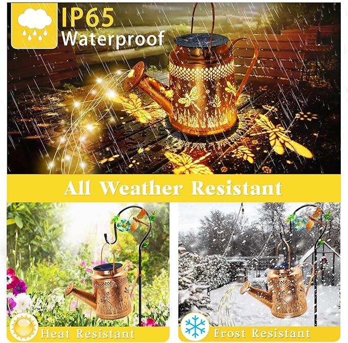Solar Powered Dragonfly Watering Can Lights Waterproof Outdoor Garden Decor with Shepherd Hook, Hanging Patio Lights for Yard, Porch, Backyard Perfect Gardening & Birthday Gift for Women, Mom, Grandma