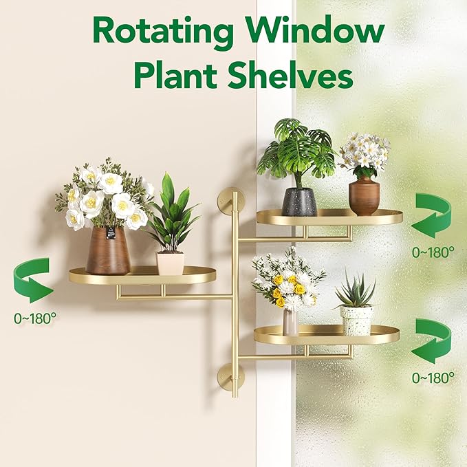 Rotating Window Wall Plant Shelves Stand Holder, 3 Tiered Metal Gold Floating Plant Shelf Hanger Indoor , Window Sill Gifts