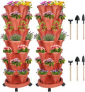 DUNCHATY Stackable Planters 7 Tier Vertical Garden Planting Tower Planters Strawberry, Herb, Flower, and Vegetable Planter Indoor Outdoor Gardening Pots with Removable Wheels and Tools, 2 Set